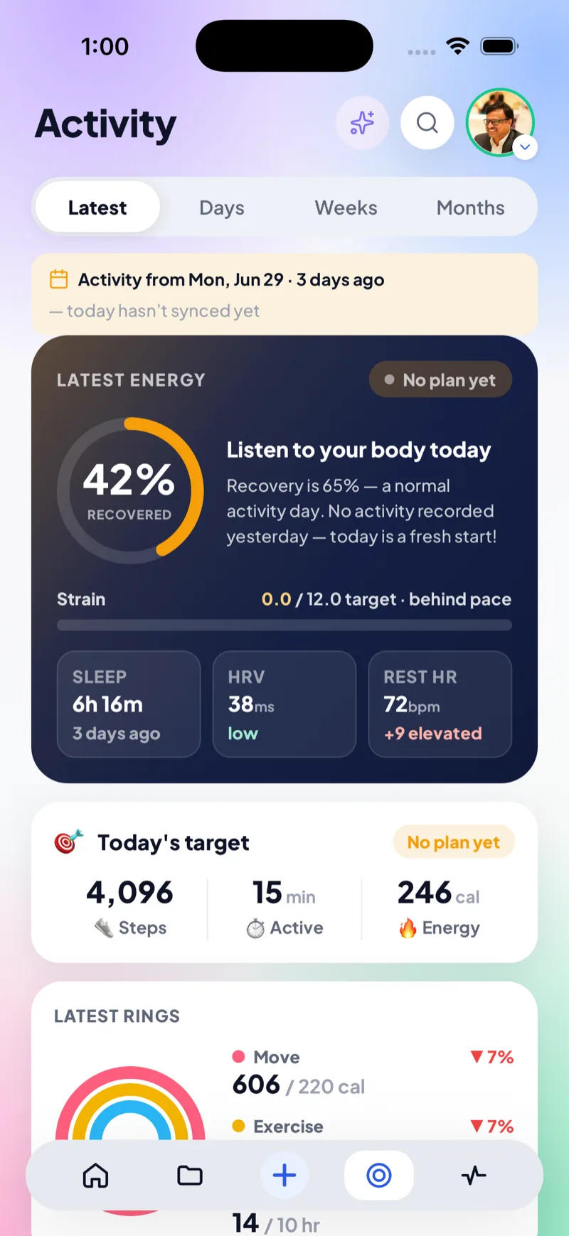 Energy screen showing 42% recovered with strain gauge and sleep, HRV and resting HR tiles