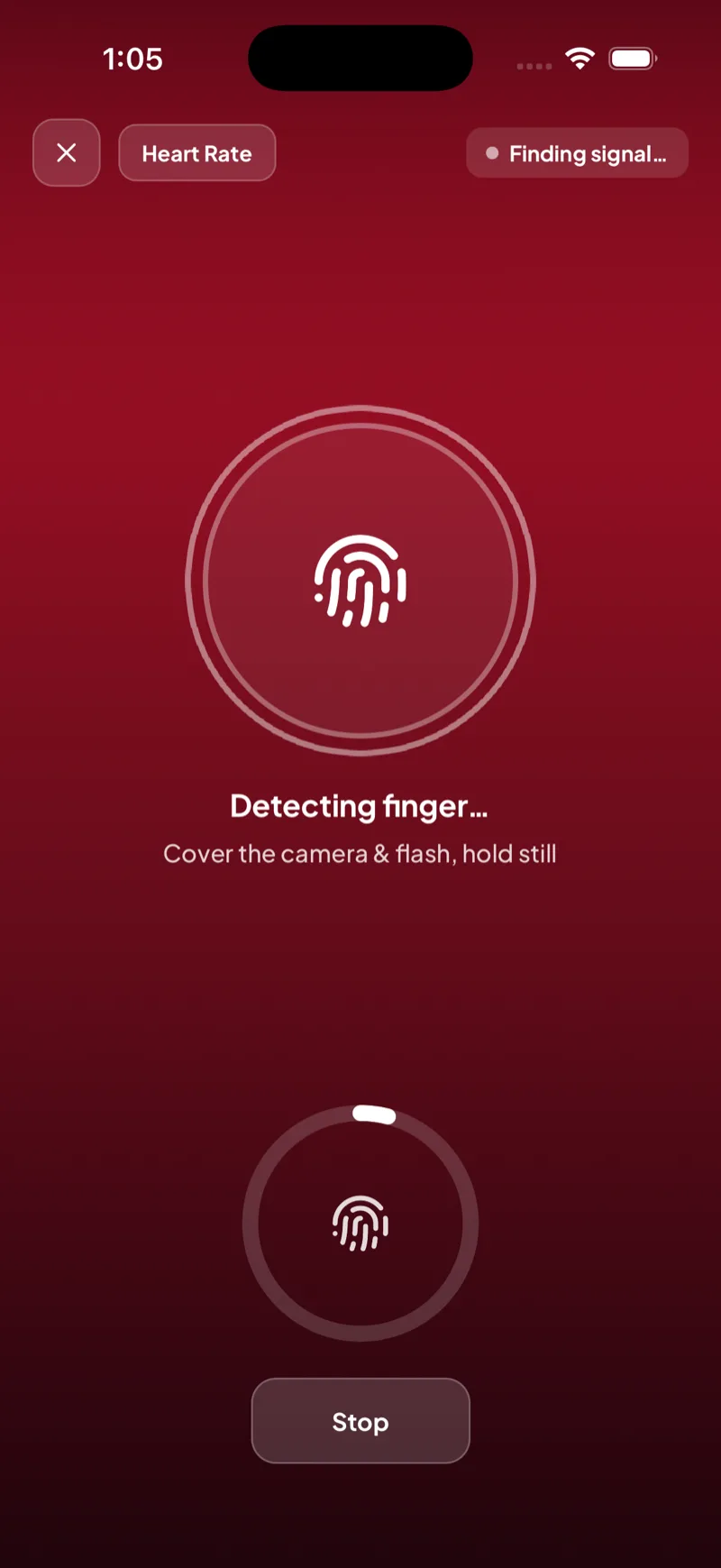 Camera heart-rate reading screen — fingertip over camera and flash
