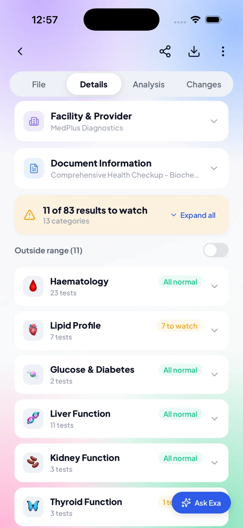 A parsed lab report showing categories like Haematology and Lipid Profile with normal / to-watch status