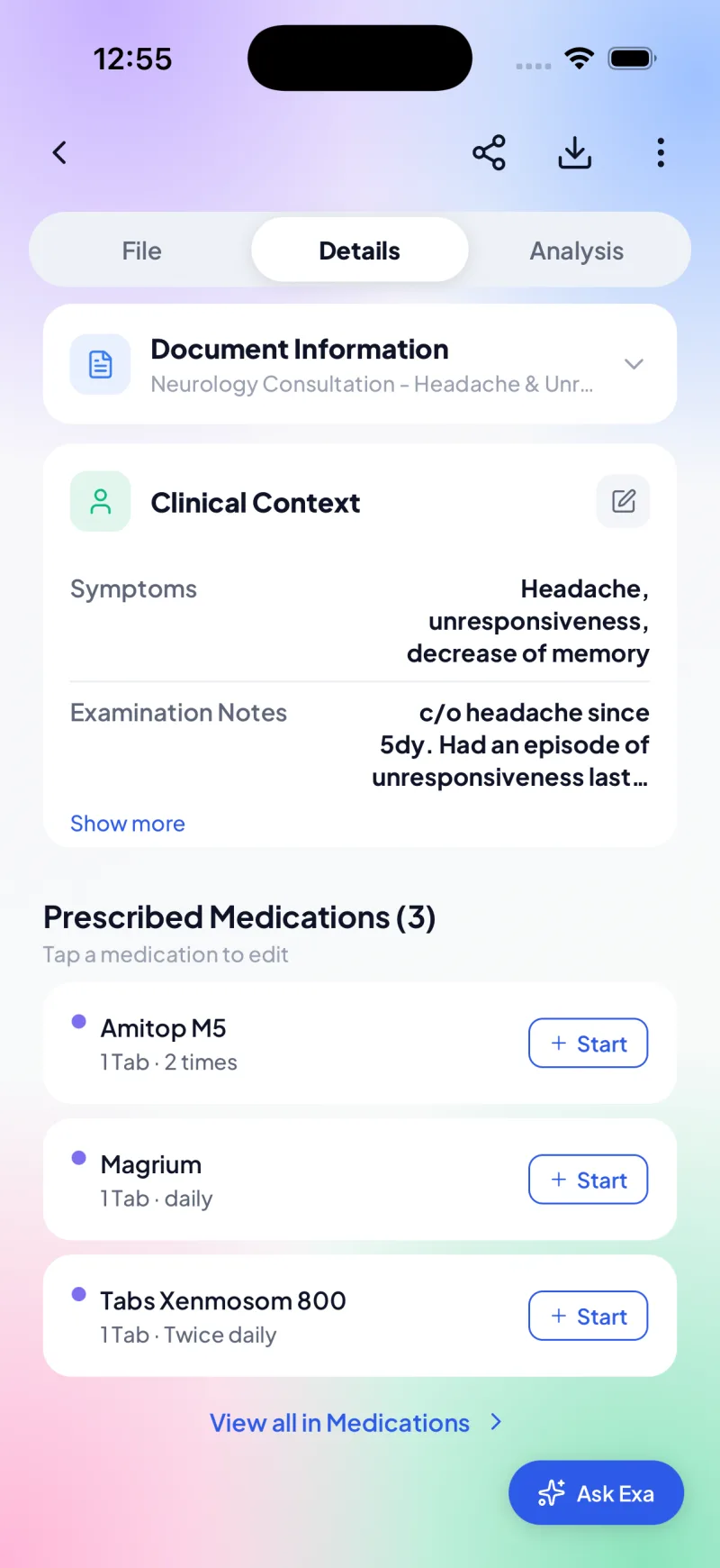 A prescription parsed into clinical context and a list of prescribed medications with dose and frequency