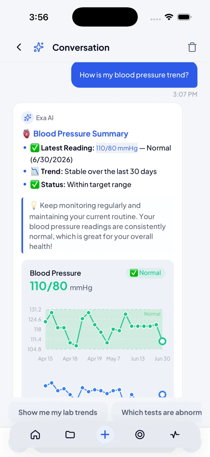 Ask Exa on the phone answering “How is my blood pressure trend?” with a live chart inside the chat