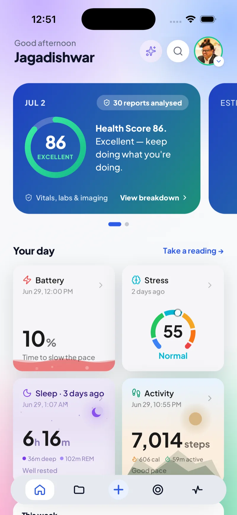 The same ExaHealth home screen on the mobile app — Health Score 86 with battery, stress, sleep and activity cards