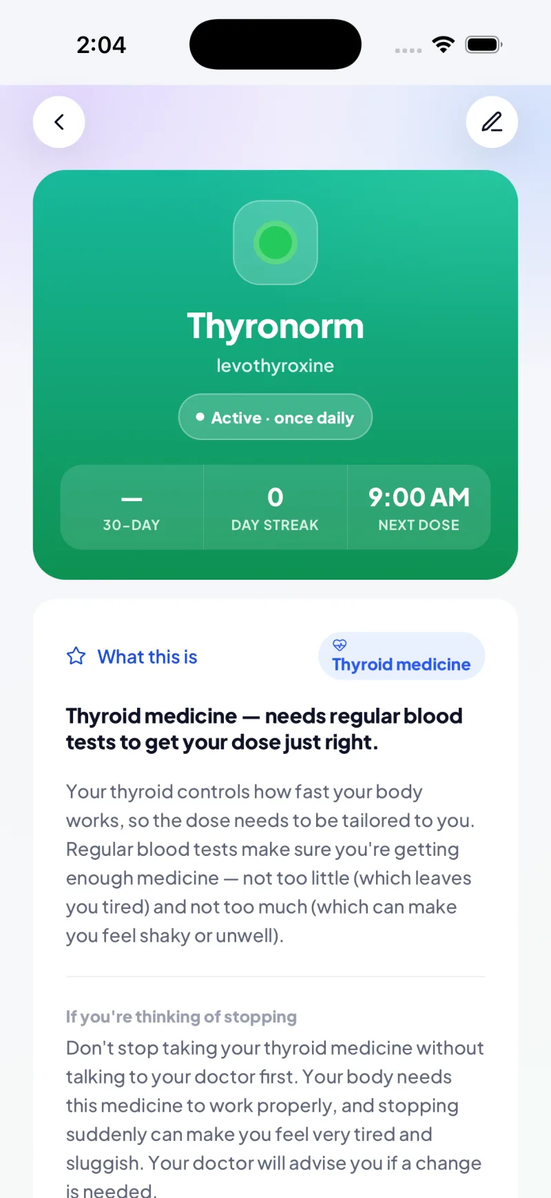 A medication detail — Thyronorm (levothyroxine), tagged as a thyroid medicine, with next dose and guidance