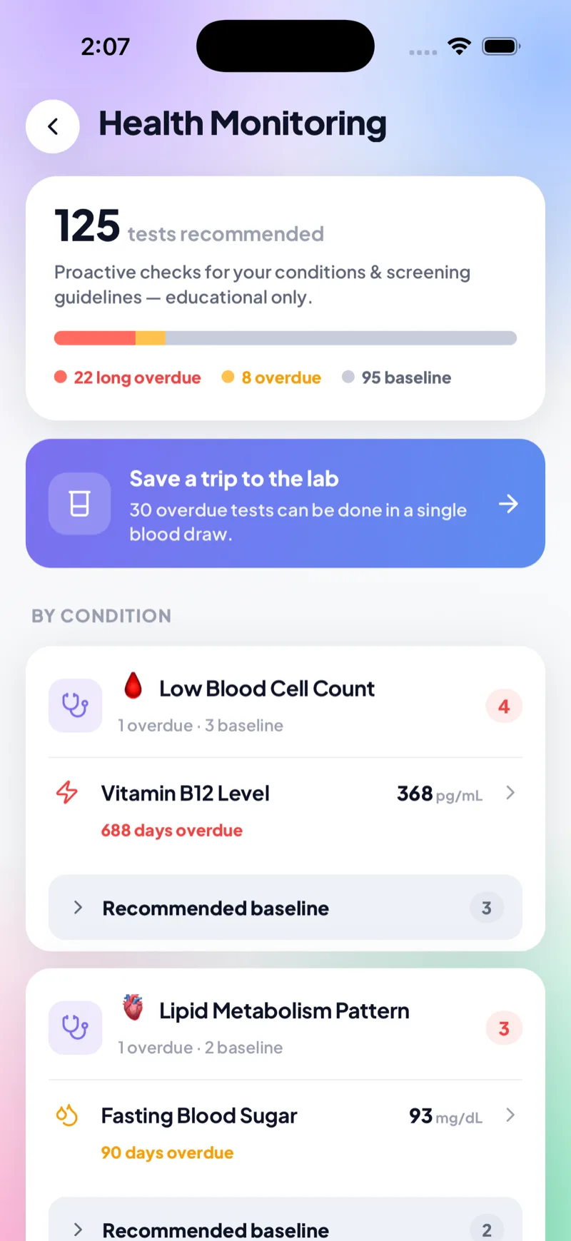 Health Monitoring screen showing tests to monitor per condition, overdue flags and single blood-draw batching