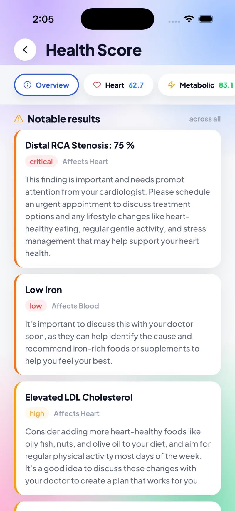 Notable results listing a critical 75% coronary stenosis, low iron and elevated LDL with guidance