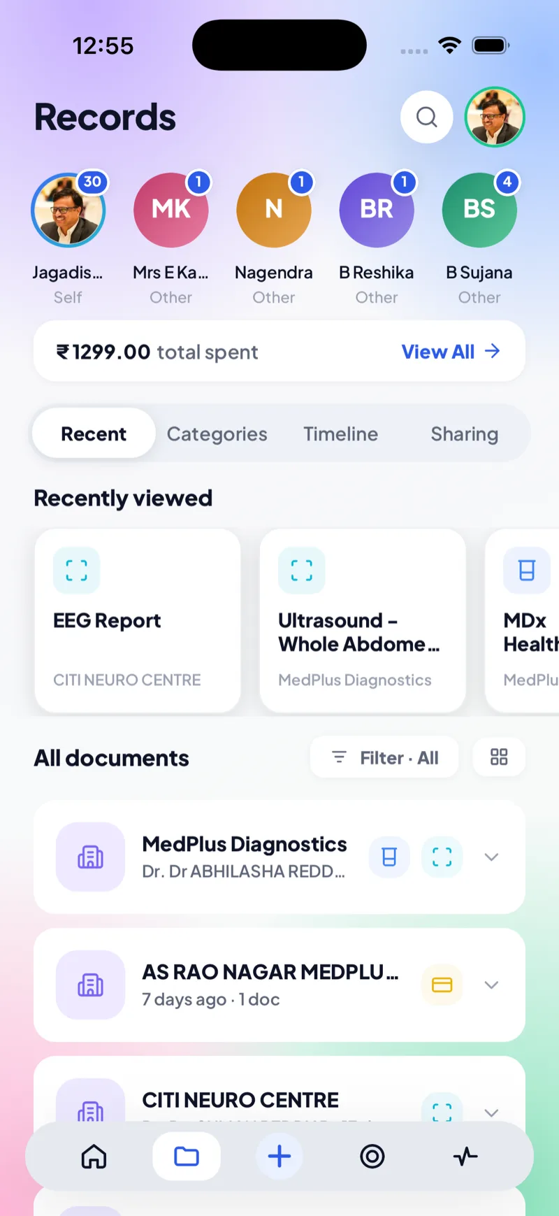 Family records hub with member profiles, document counts and recent reports