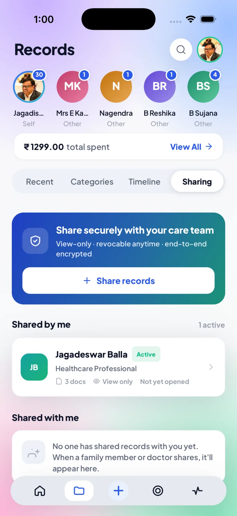 The Sharing tab showing secure, view-only, revocable sharing with a healthcare professional