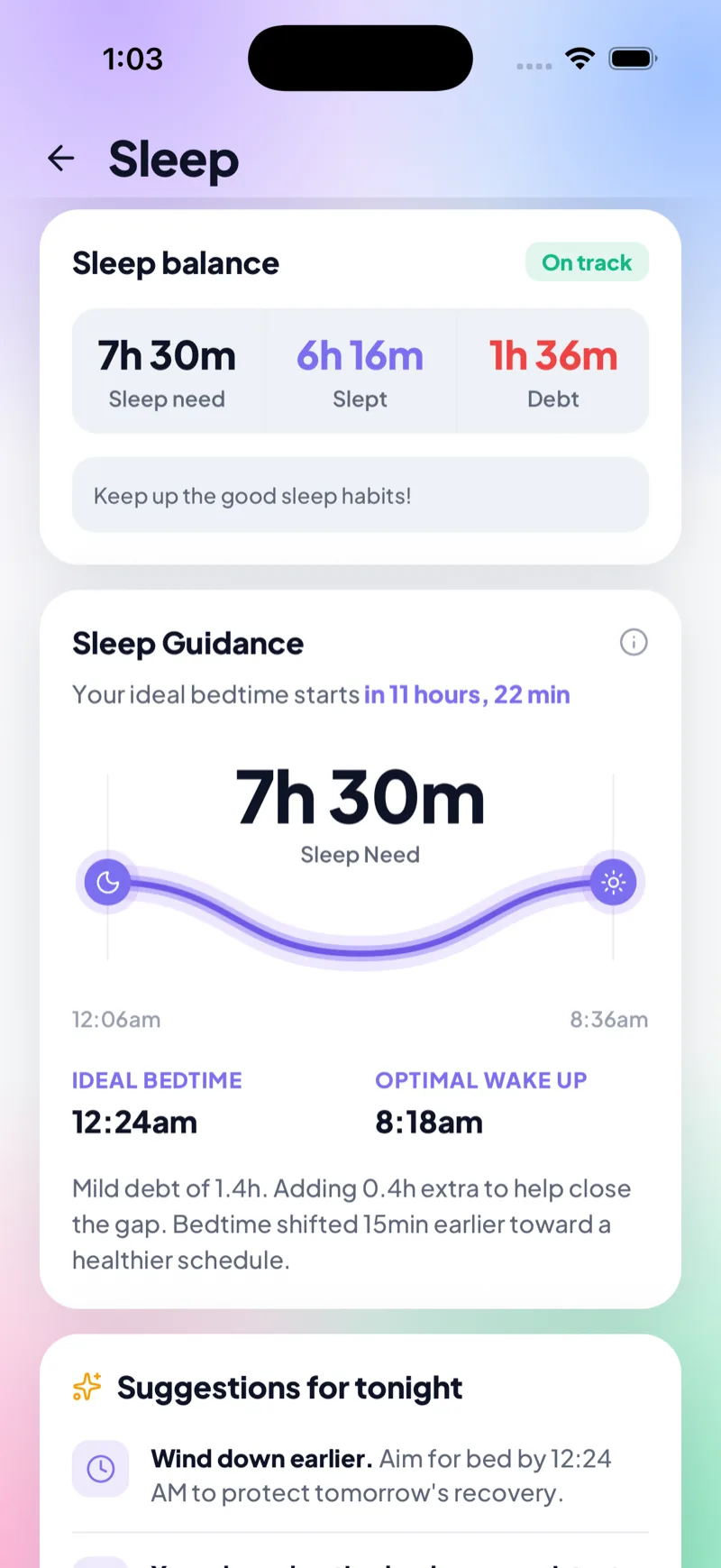 Sleep guidance with ideal bedtime and optimal wake time on a day-night curve