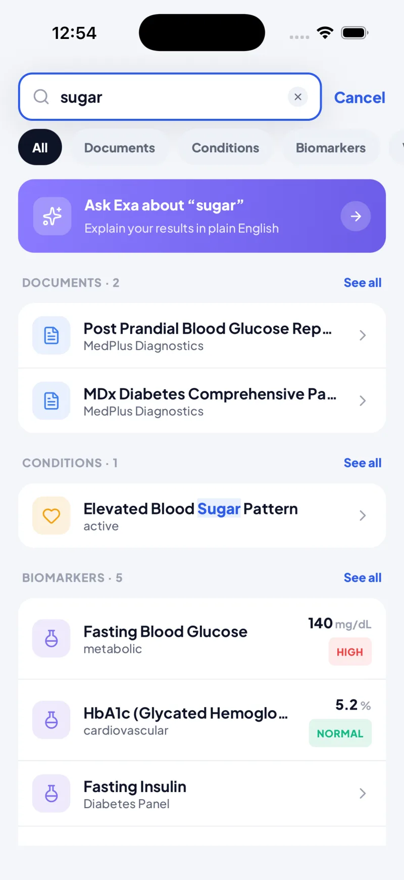 Universal search for the word sugar returning matching documents, a condition and biomarkers with an Ask Exa option