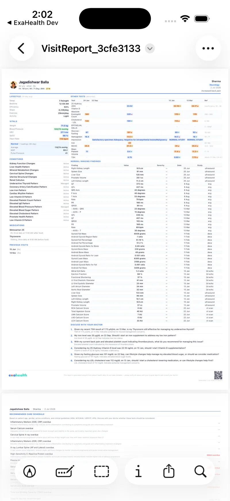 Doctor-grade visit report PDF with vitals, conditions and medication tables