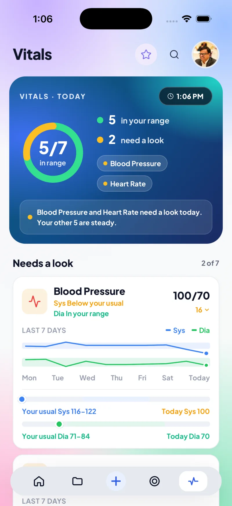 Vitals hub showing 5 of 7 vitals in range and which need a look, compared to your usual