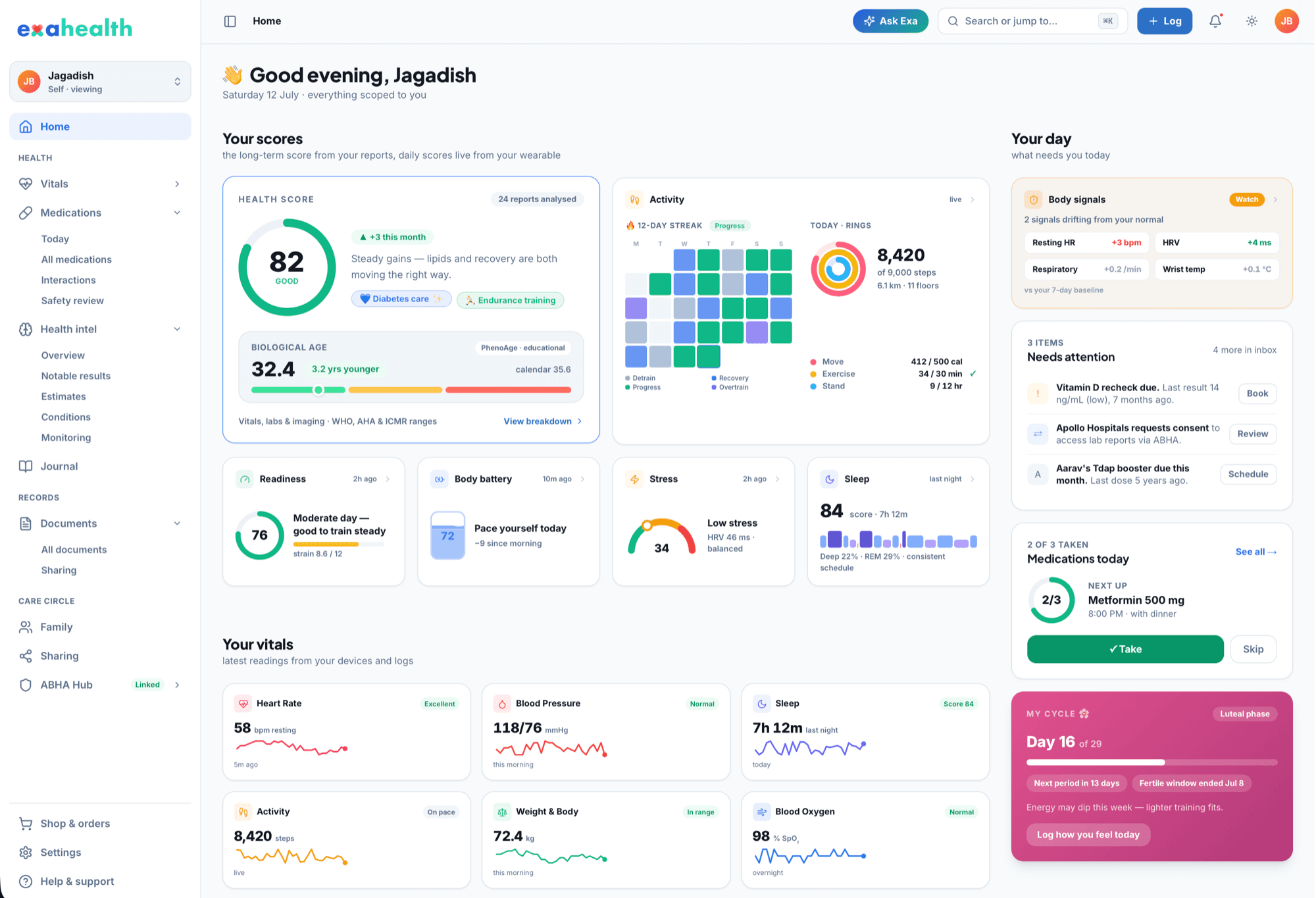 The ExaHealth web dashboard: Health Score 82 with biological age 32.4, activity streak and rings, readiness, body battery, stress and sleep tiles, today's medications, a needs-attention list and the My Cycle card